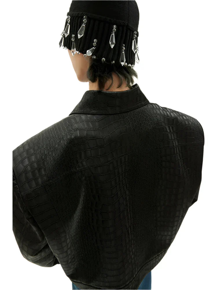 Luxury Crocodile Print Black Leather Jacket