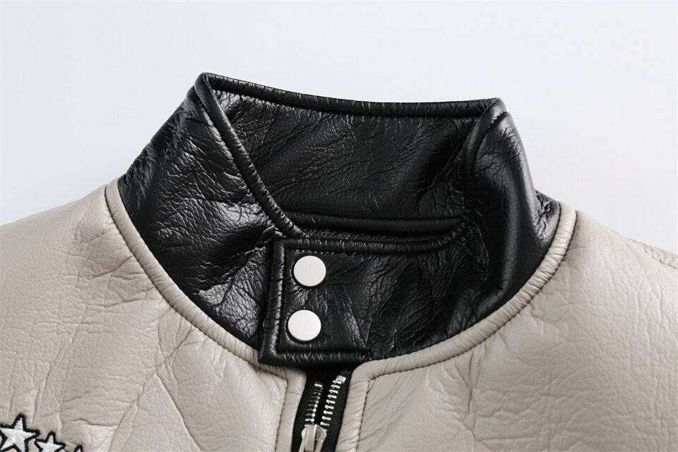 Waterproof Color block Leather Varsity Jacket