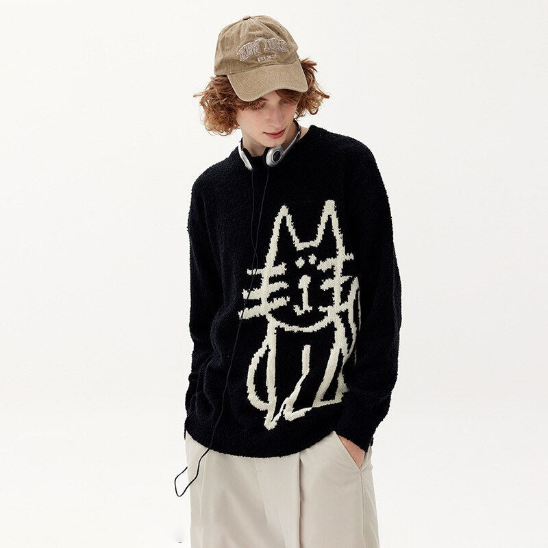 Hand Drawn Cat Knitted Sweater