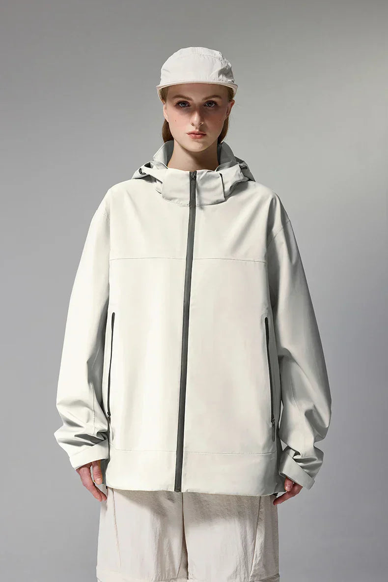 Model wearing the white High-Collar Zipper Jacket