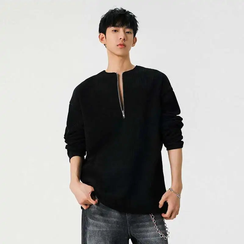 Half Zipper O-neck Long Sleeve Sweater