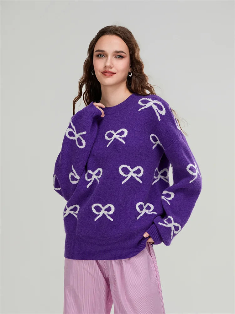 Cozy Chill Season Bow Print Long Sleeve Sweater