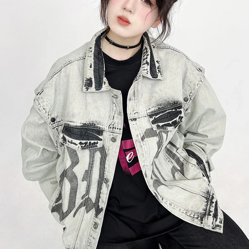 Washed Gray Oversize Letter Work Denim Jacket