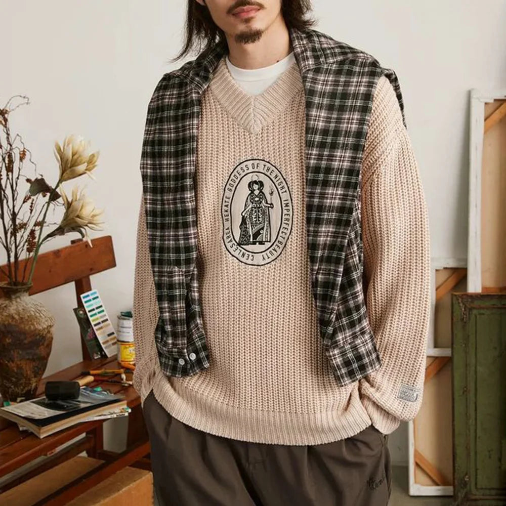 Classic Knitted Letter Badge V-Neck Sweater