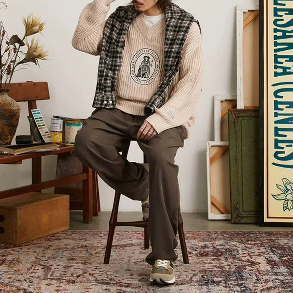 Classic Knitted Letter Badge V-Neck Sweater