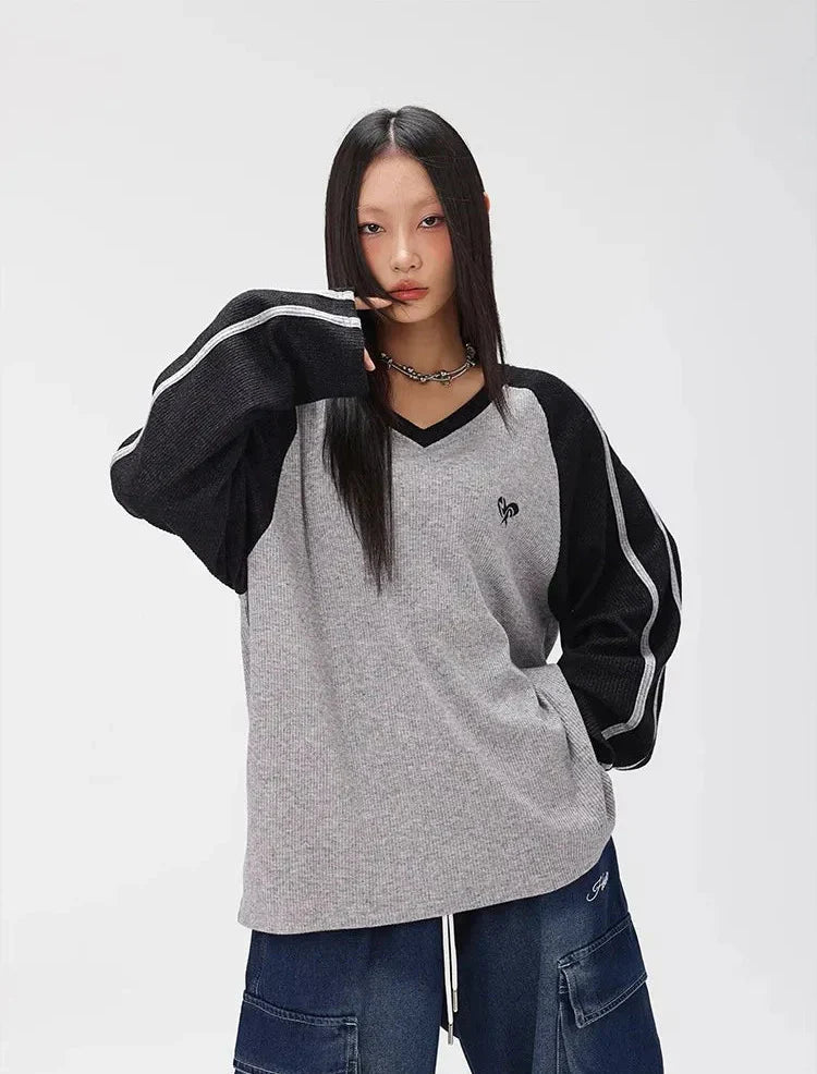 Black and Gray Contrast Color Long Sweatshirt