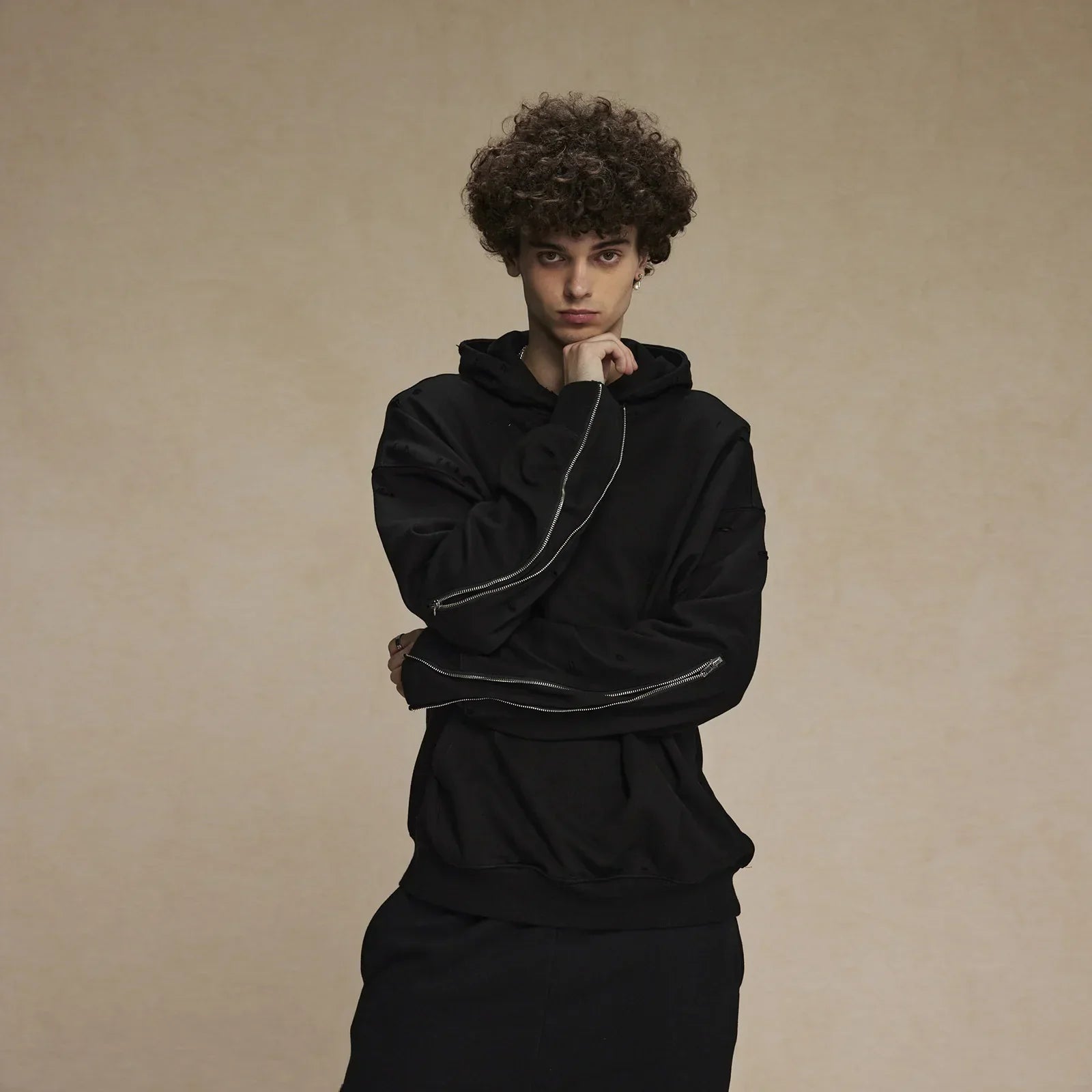 Frayed Woolen Zip-Up Hoodie Sweatshirt