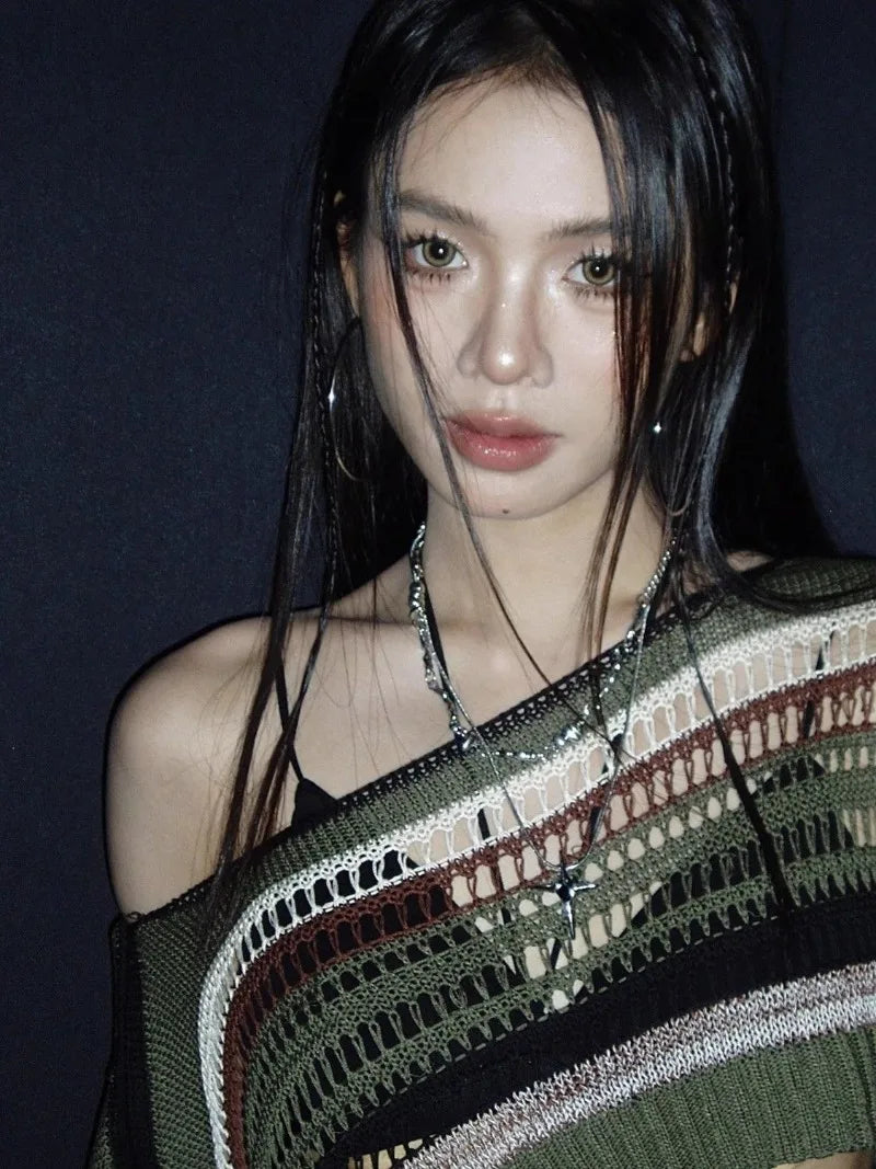 Green Stripe Hollow Out Knit Sweater