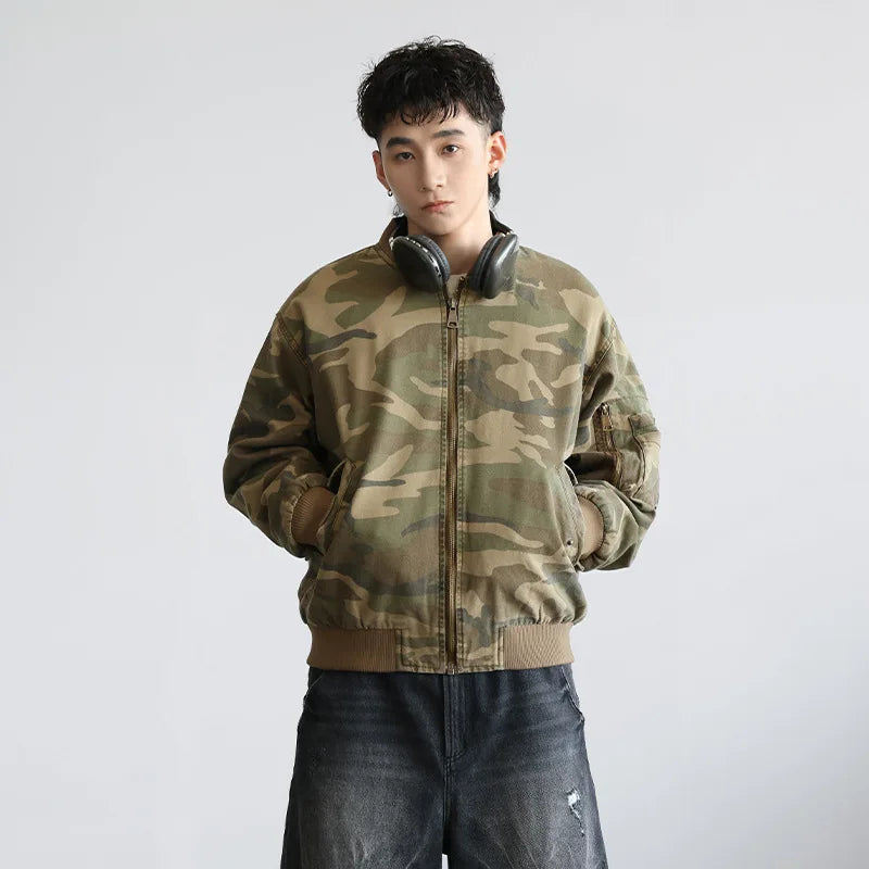 Vintage American Style Camo Baseball Bomber Jacket