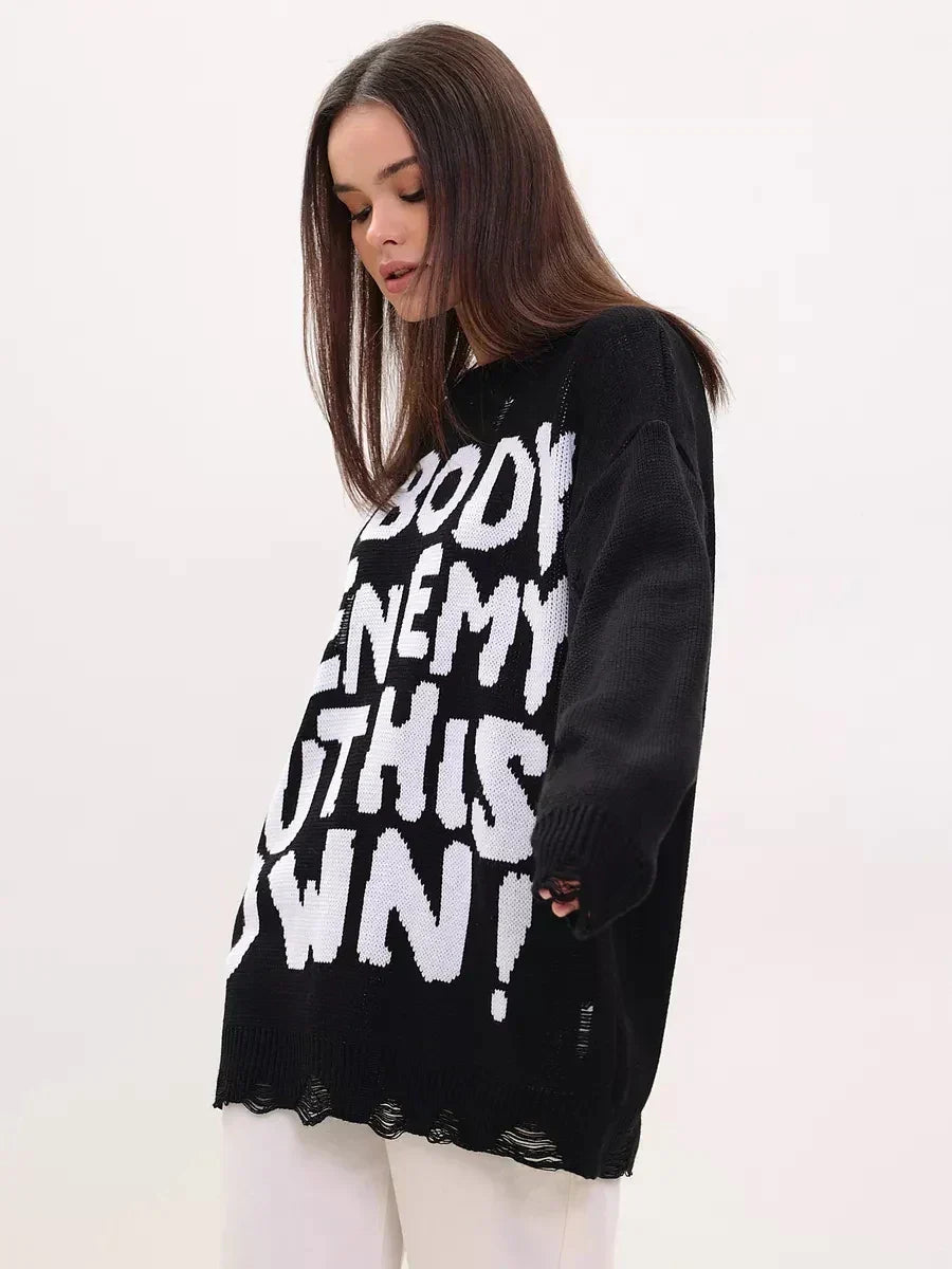 Women Retro Oversized Letter Printed Sweater