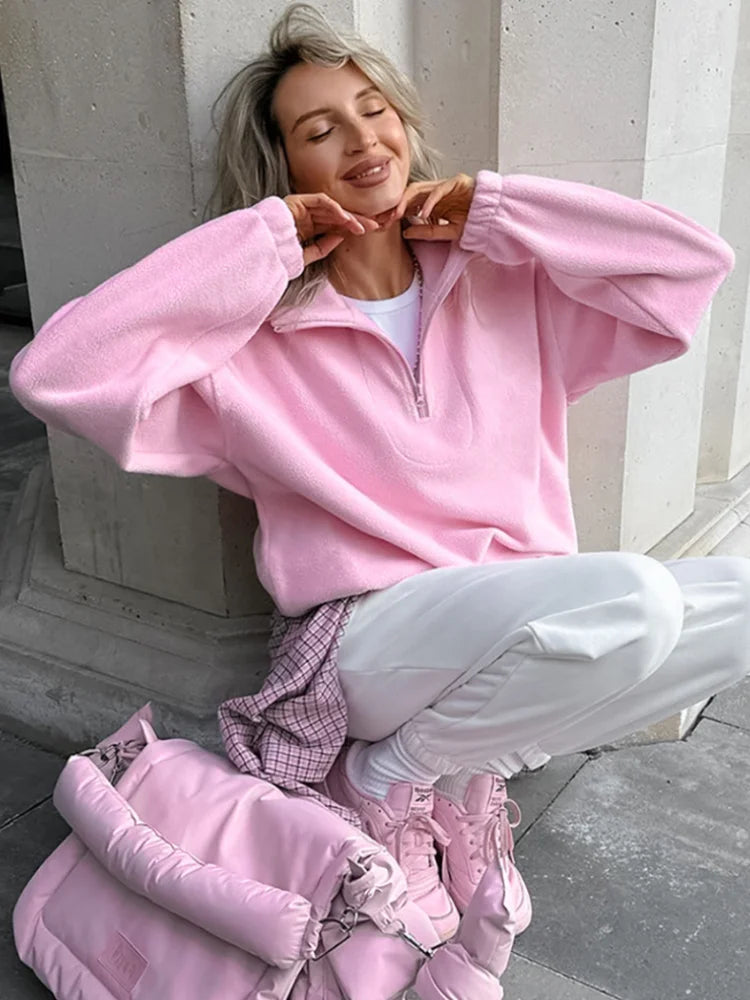 Oversized Pink Zipped Fleece SweatShirt