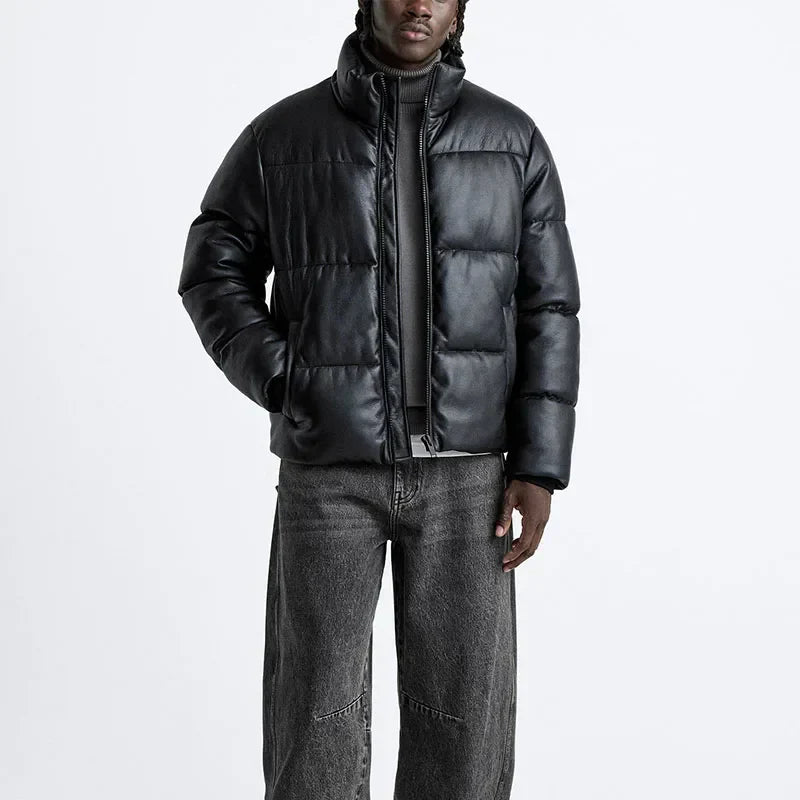 Thick Faux Leather Standing Collar Jacket