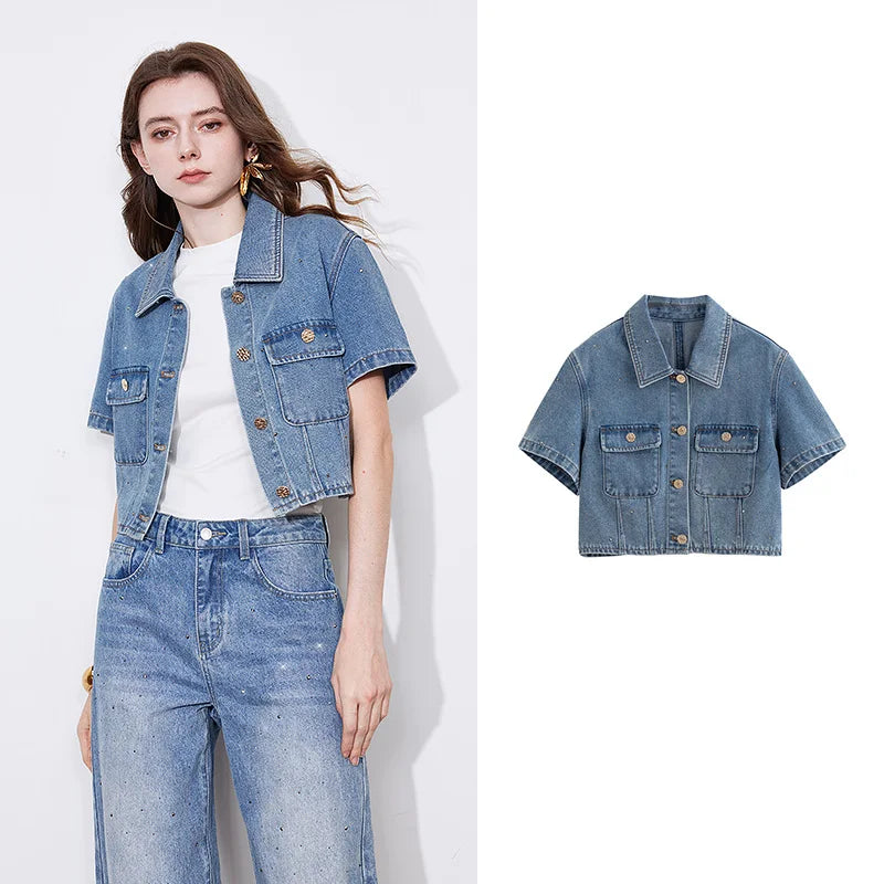 Rhinestone Short Sleeve Denim  Jacket