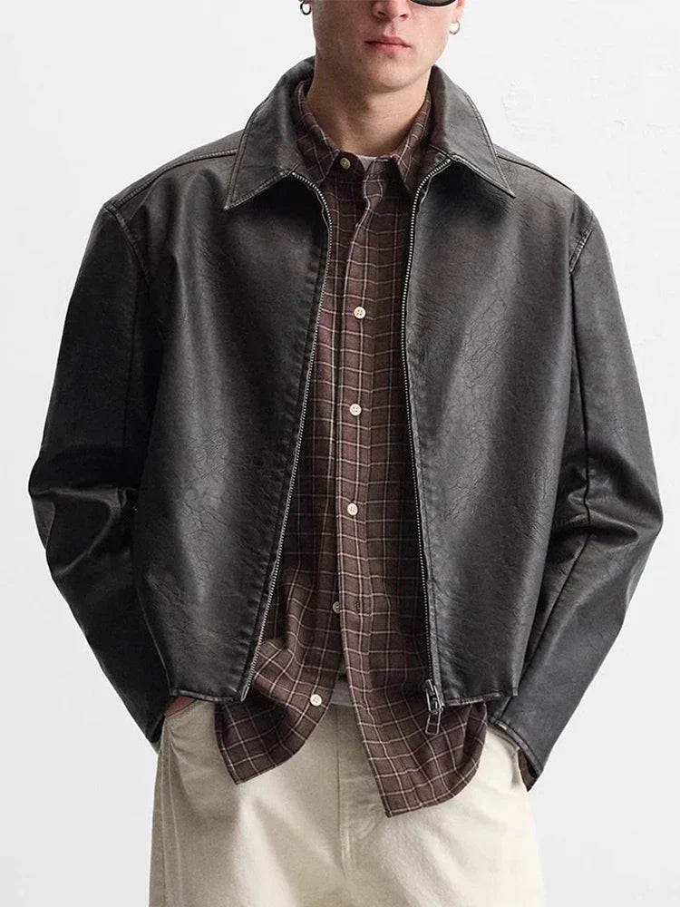 Distressed Faux Leather Lapel Jacket