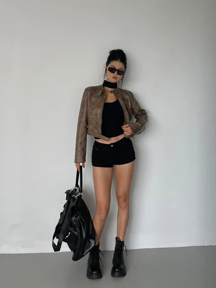 Women Retro Slim Stand Collar Leather Jacket