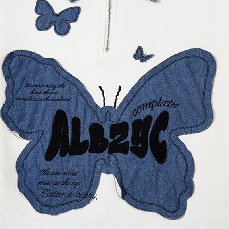 Butterfly Patches Oversized Denim Sweatshirt