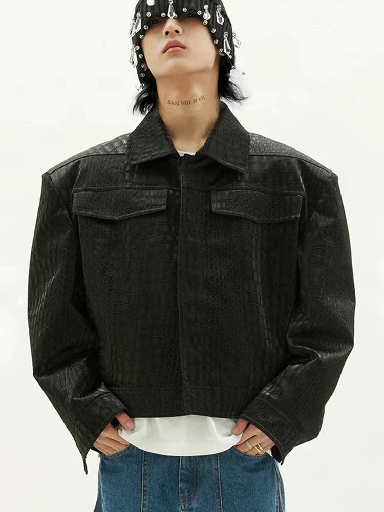 Luxury Crocodile Print Black Leather Jacket