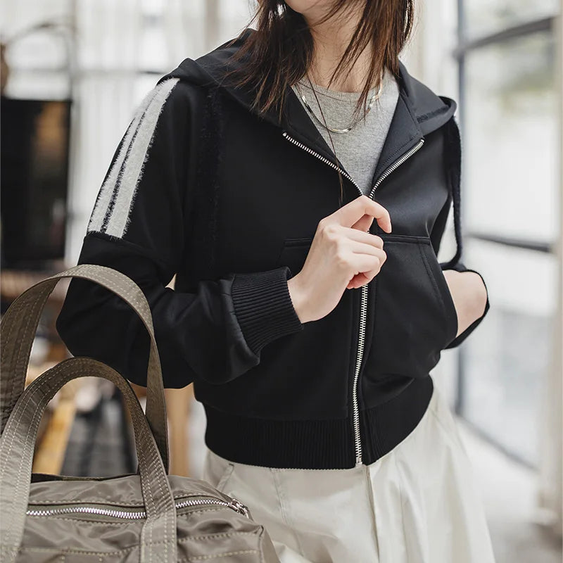 Black Striped Zipper Sweatshirt