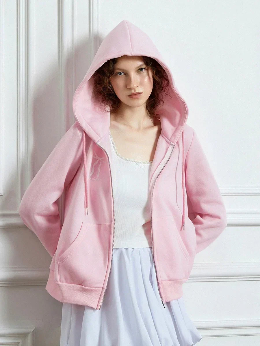 Women Pink Bow Print Long Sleeve Sweatshirt