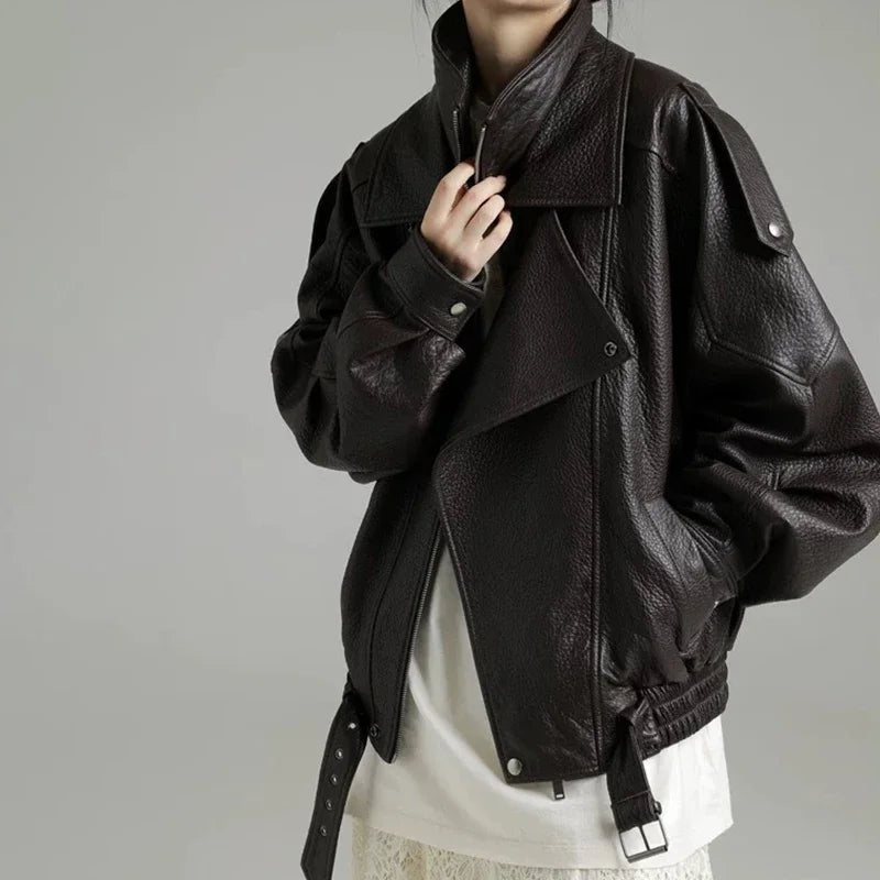 Women Oversized Genuine Leather Jacket