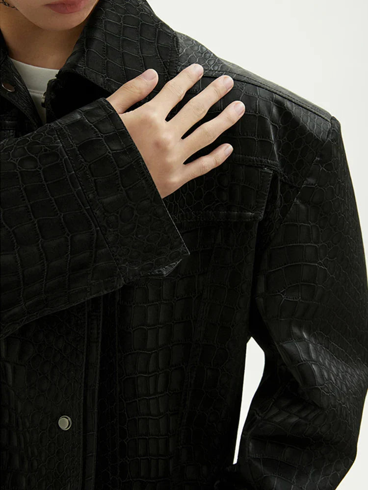Luxury Crocodile Print Black Leather Jacket
