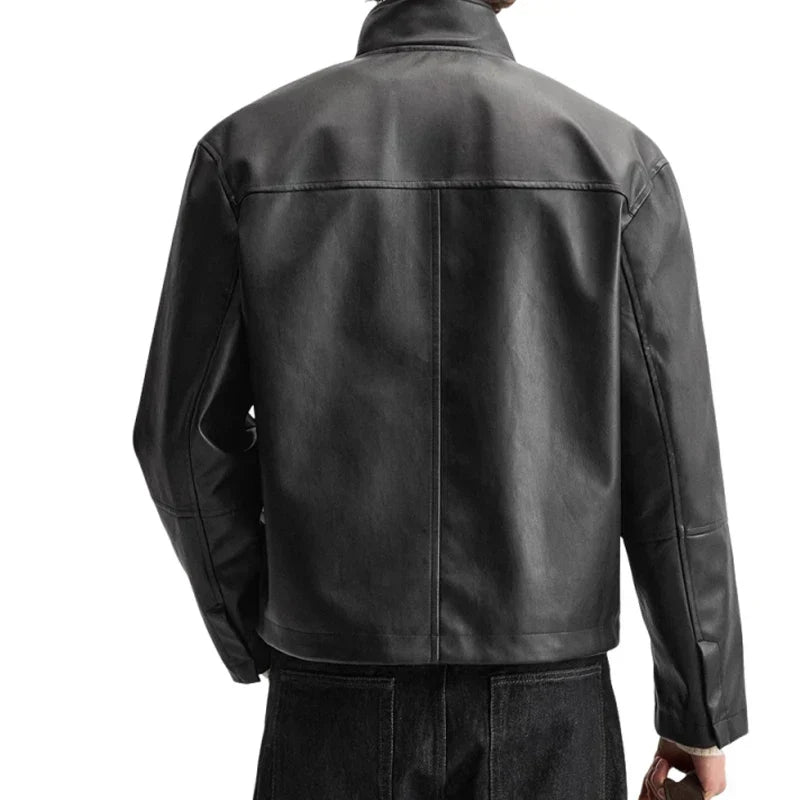Black Faux Stand-Up Collar Leather Jacket