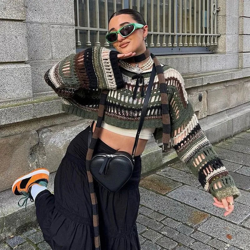 Green Stripe Hollow Out Knit Sweater