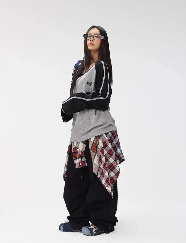 Black and Gray Contrast Color Long Sweatshirt