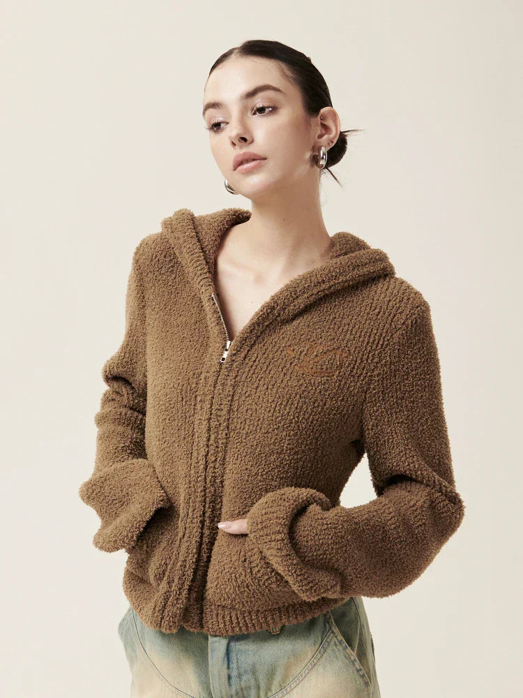 Cozy Vintage Brown Plush Hooded Puffer Sweatshirt