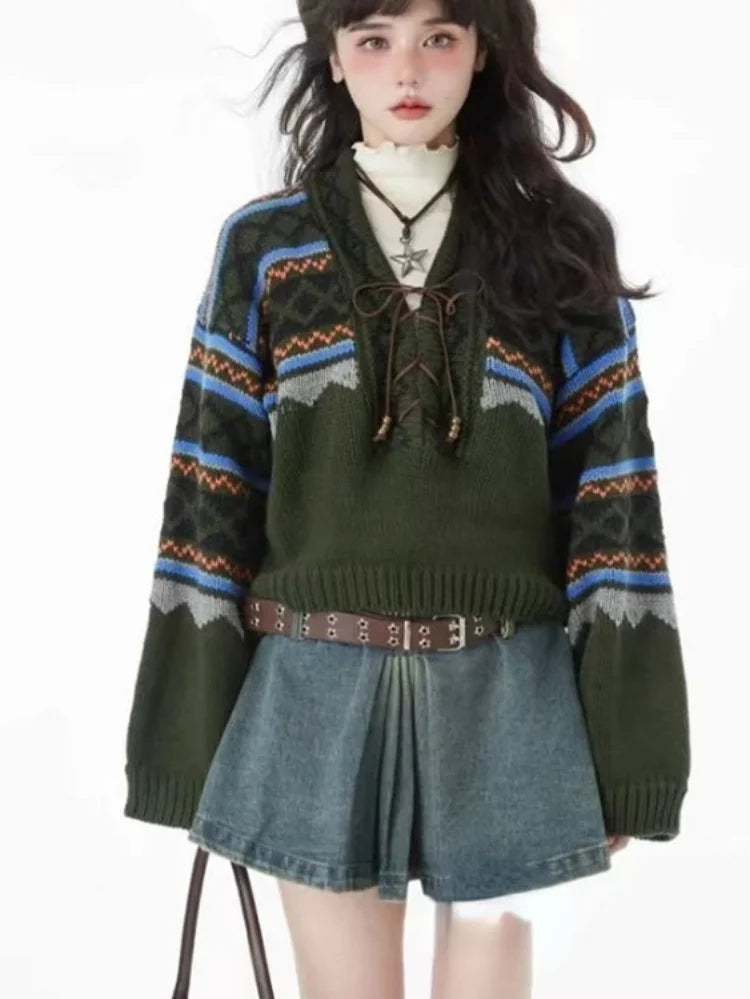 Contrast Color Patchwork Bandage Sweater