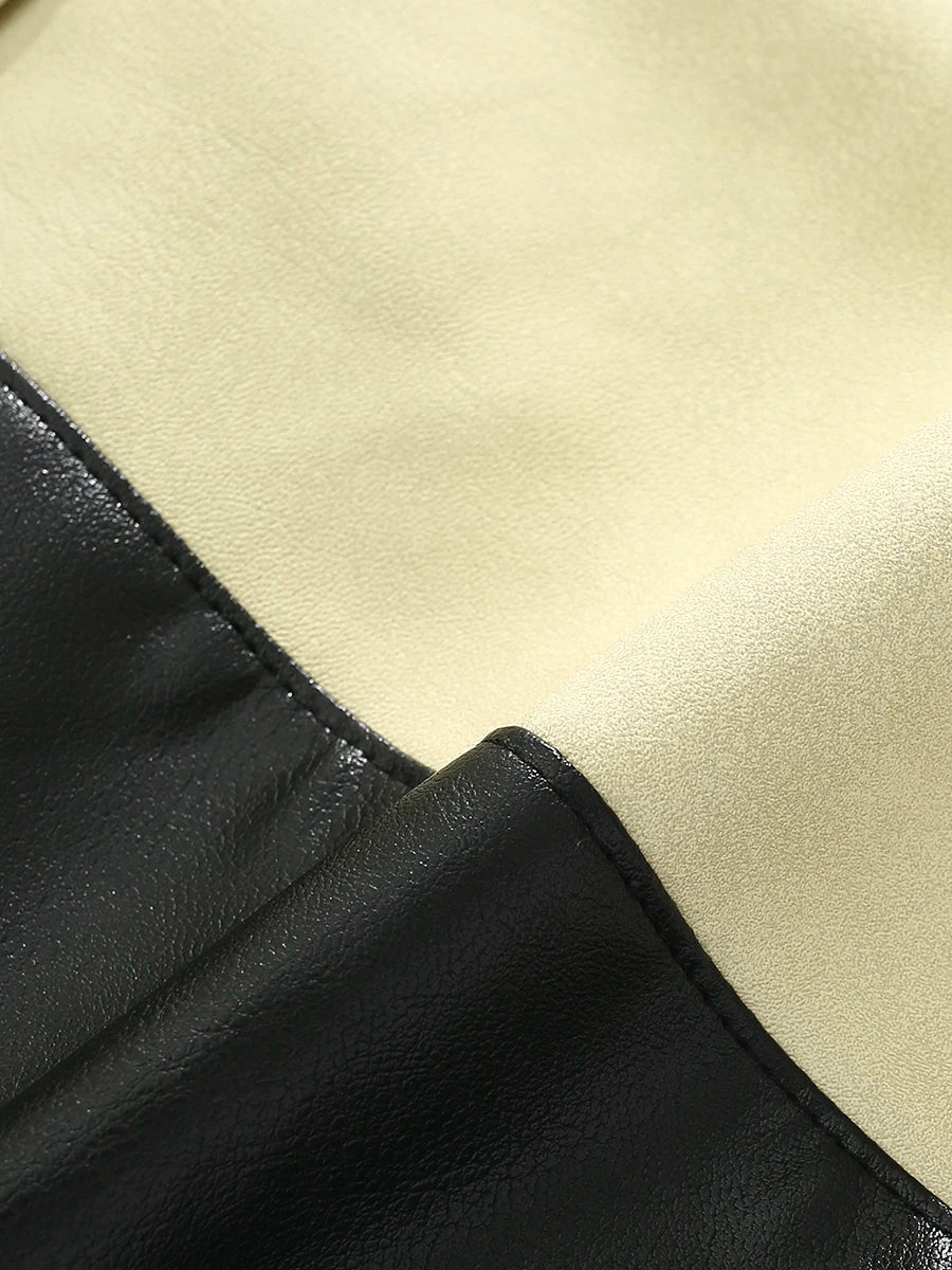 Pleated Contrast Biker Leather Jacket