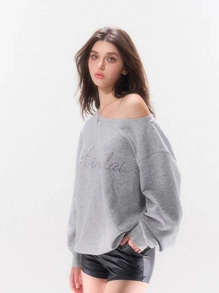 Women Gray Letter Diamonds Off-Shoulder Sweatshirt