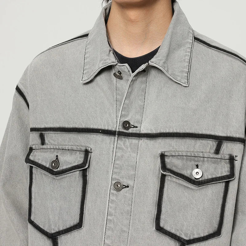 Gray Korean Style Vintage Motorcycle Denim Jacket