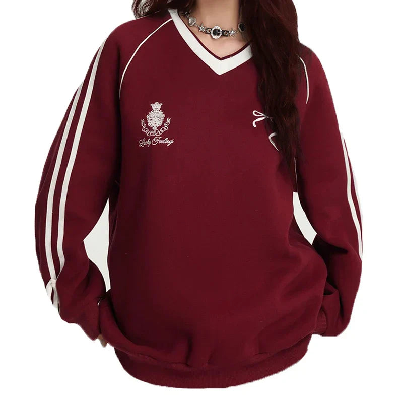 Retro Red Baseball Stripe Fleece Sweatshirt