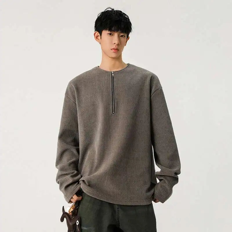 Half Zipper O-neck Long Sleeve Sweater