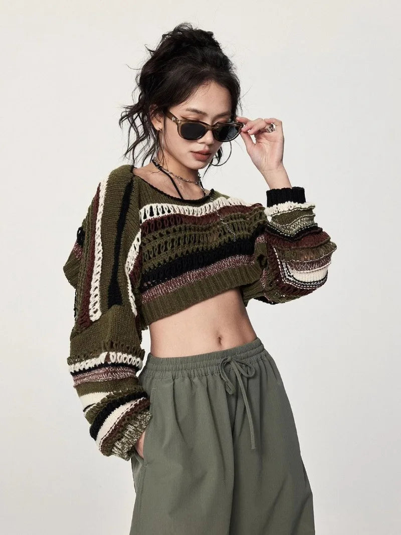 Green Stripe Hollow Out Knit Sweater