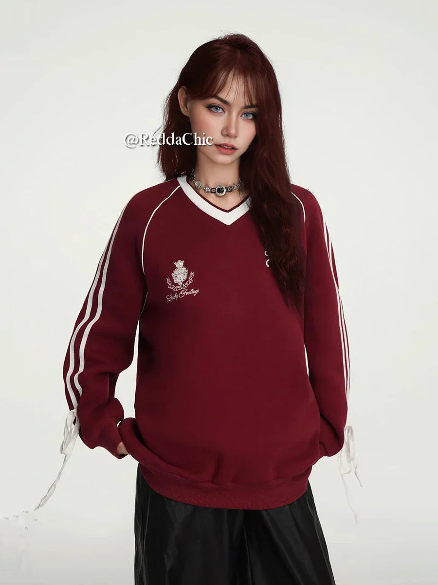 Retro Red Baseball Stripe Fleece Sweatshirt