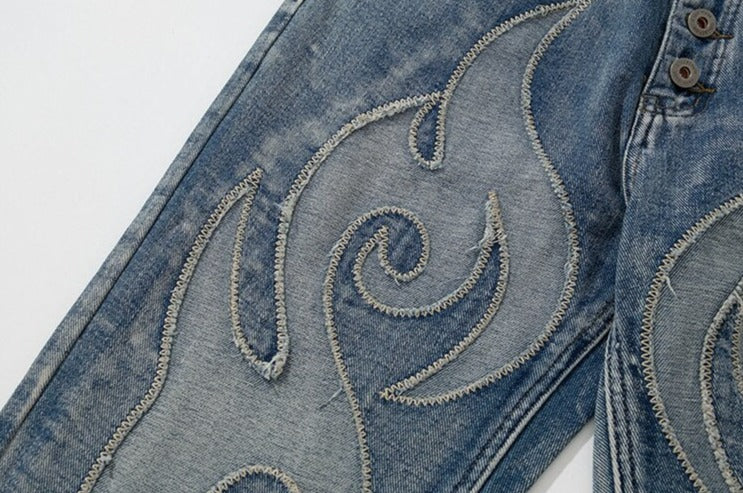 Flame Embroidery Denim Jeans