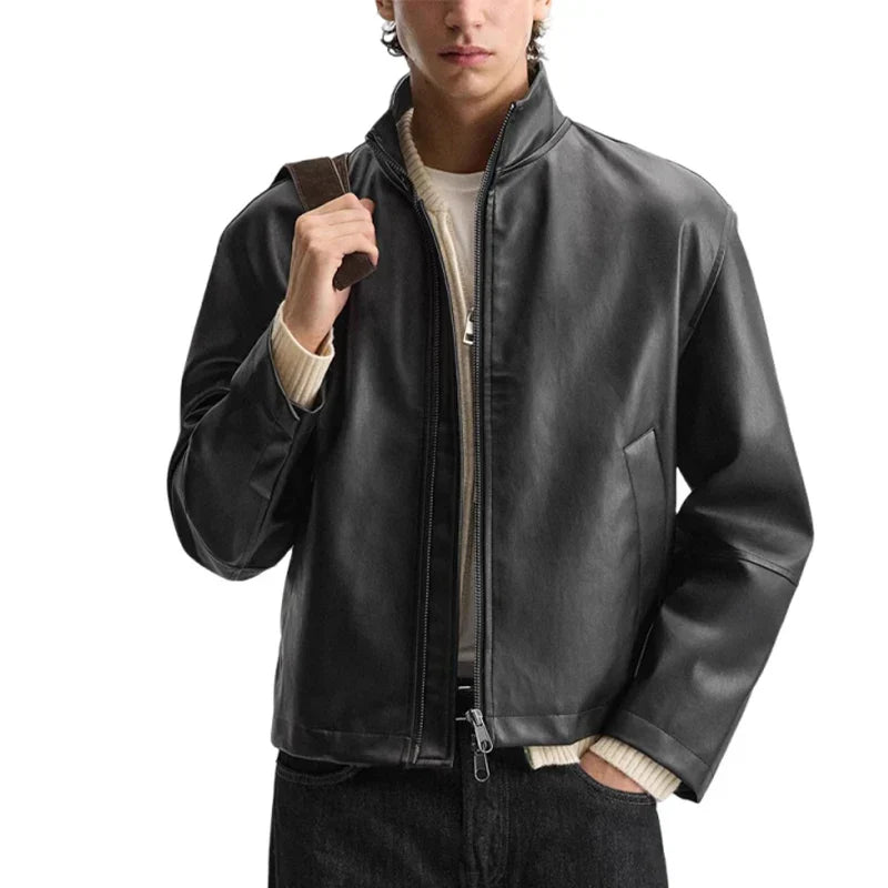 Black Faux Stand-Up Collar Leather Jacket