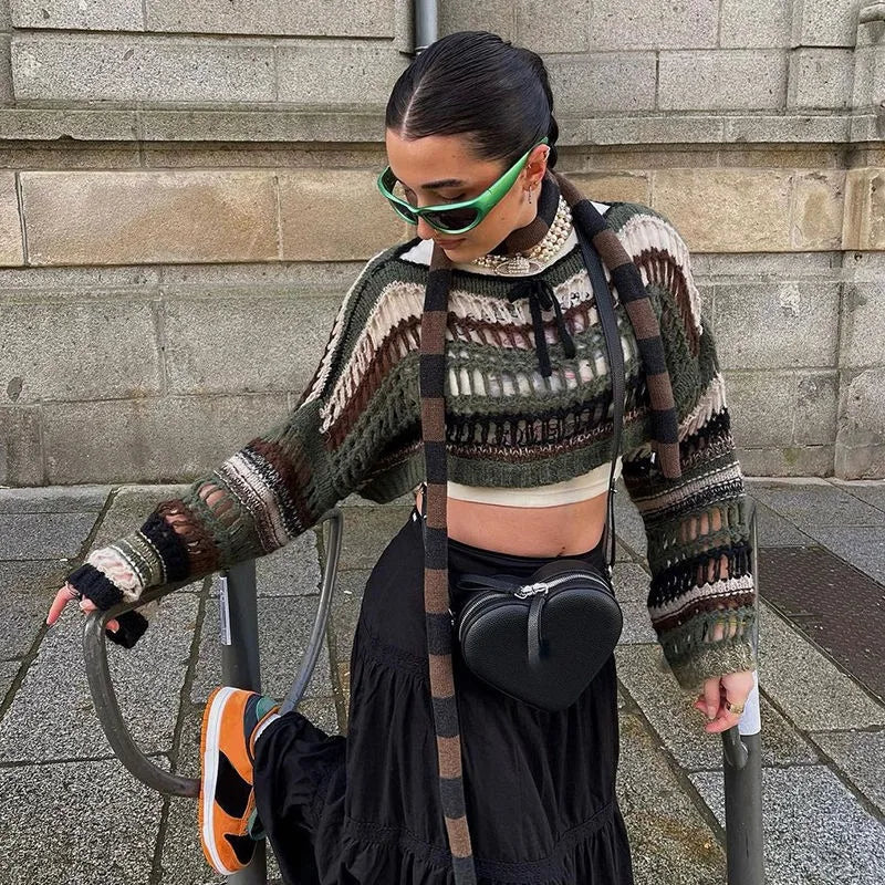 Green Stripe Hollow Out Knit Sweater