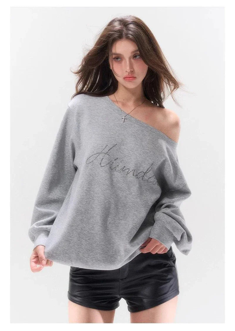 Women Gray Letter Diamonds Off-Shoulder Sweatshirt