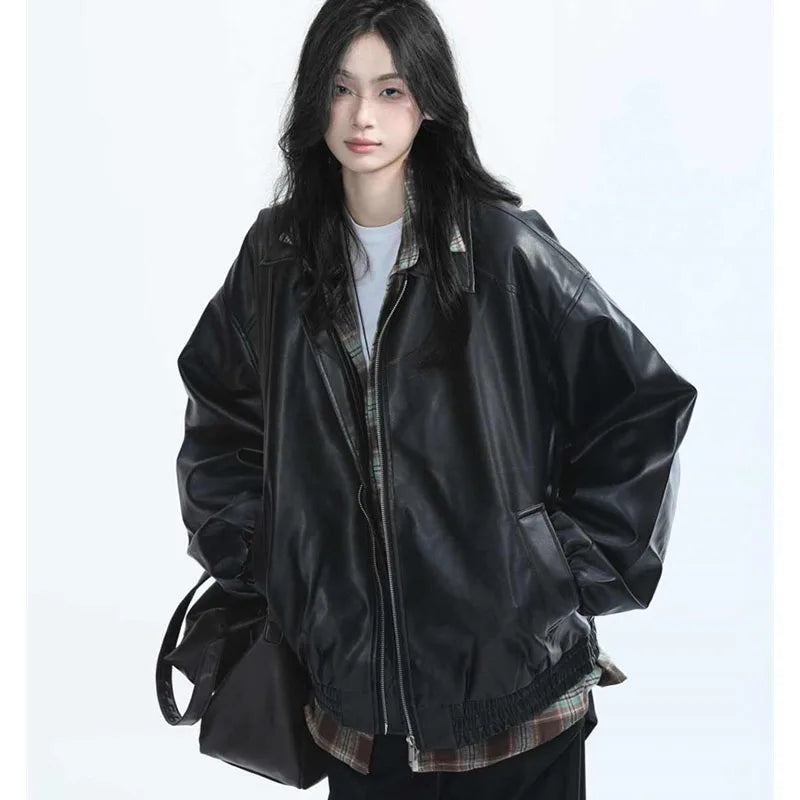 Women Vintage Zipper Faux Leather Jacket