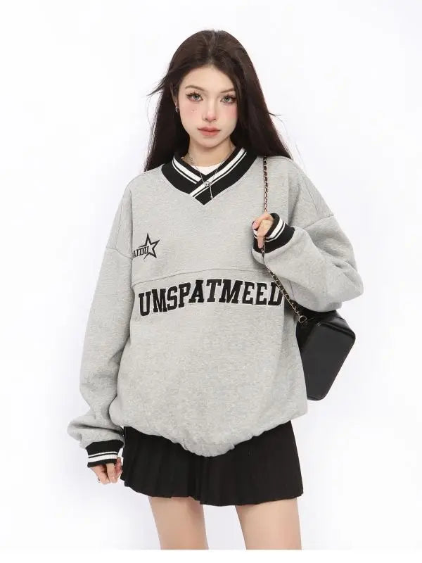 Retro American Style Letter Embroidered Hip Sweatshirt