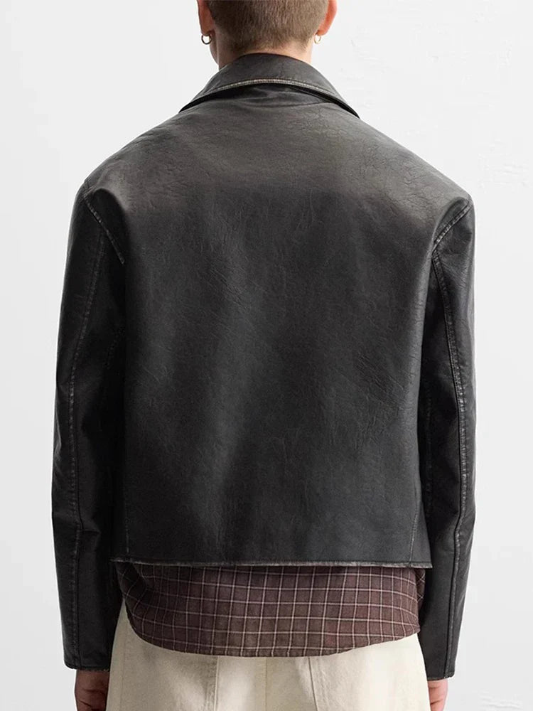 Distressed Faux Leather Lapel Jacket