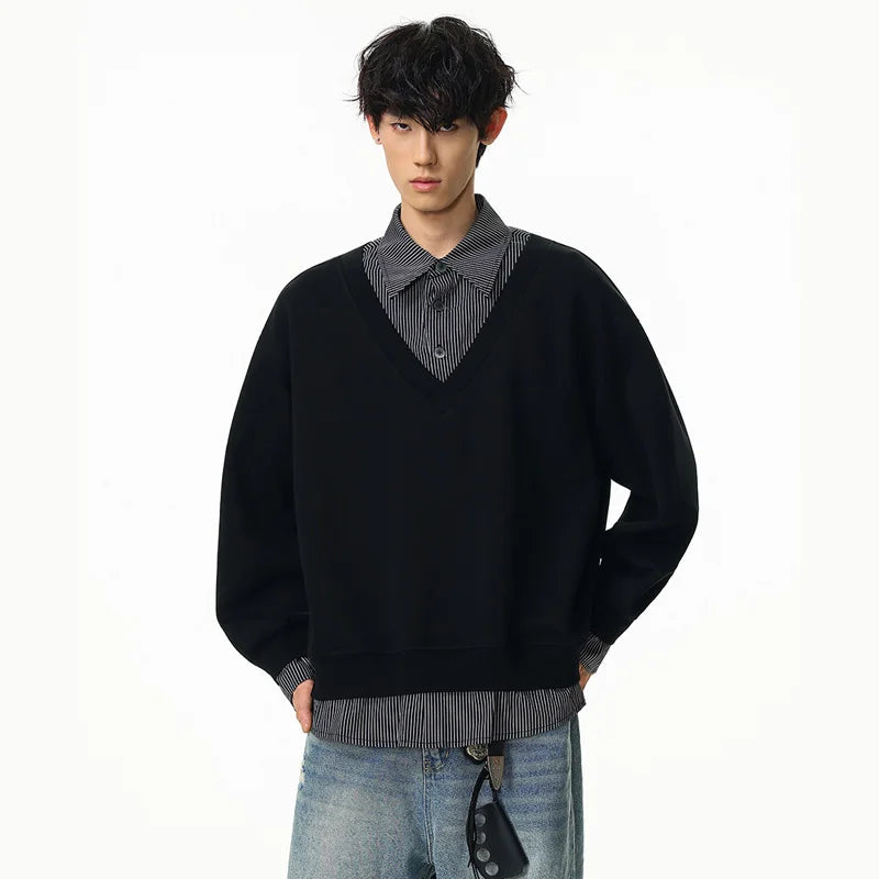 Flattering Casual Loose Striped Polo Sweatshirt