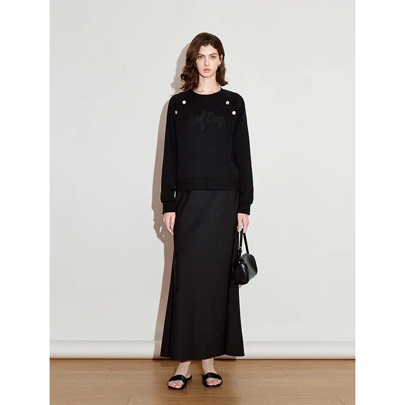 Luxury Black Embroidered Button Sweatshirt