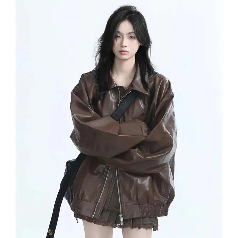 Women Vintage Zipper Faux Leather Jacket