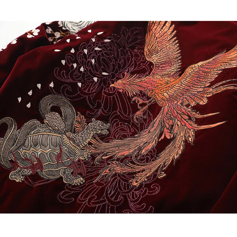 Dragon Phoenix Embroidered Velvet Bomber Jacket