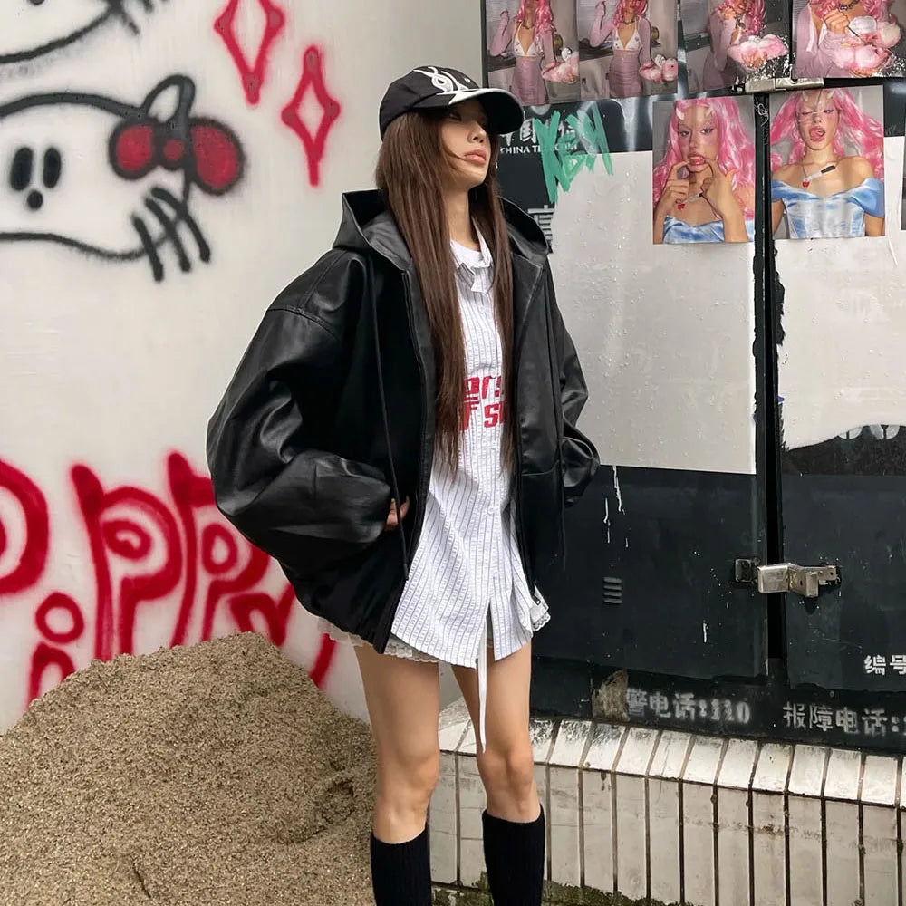 Black PU Windbreaker Coat Zipper Leather Jacket