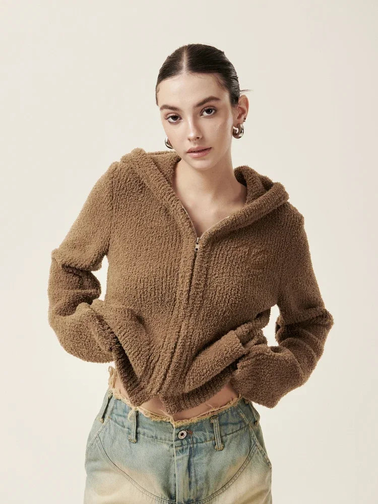 Cozy Vintage Brown Plush Hooded Puffer Sweatshirt